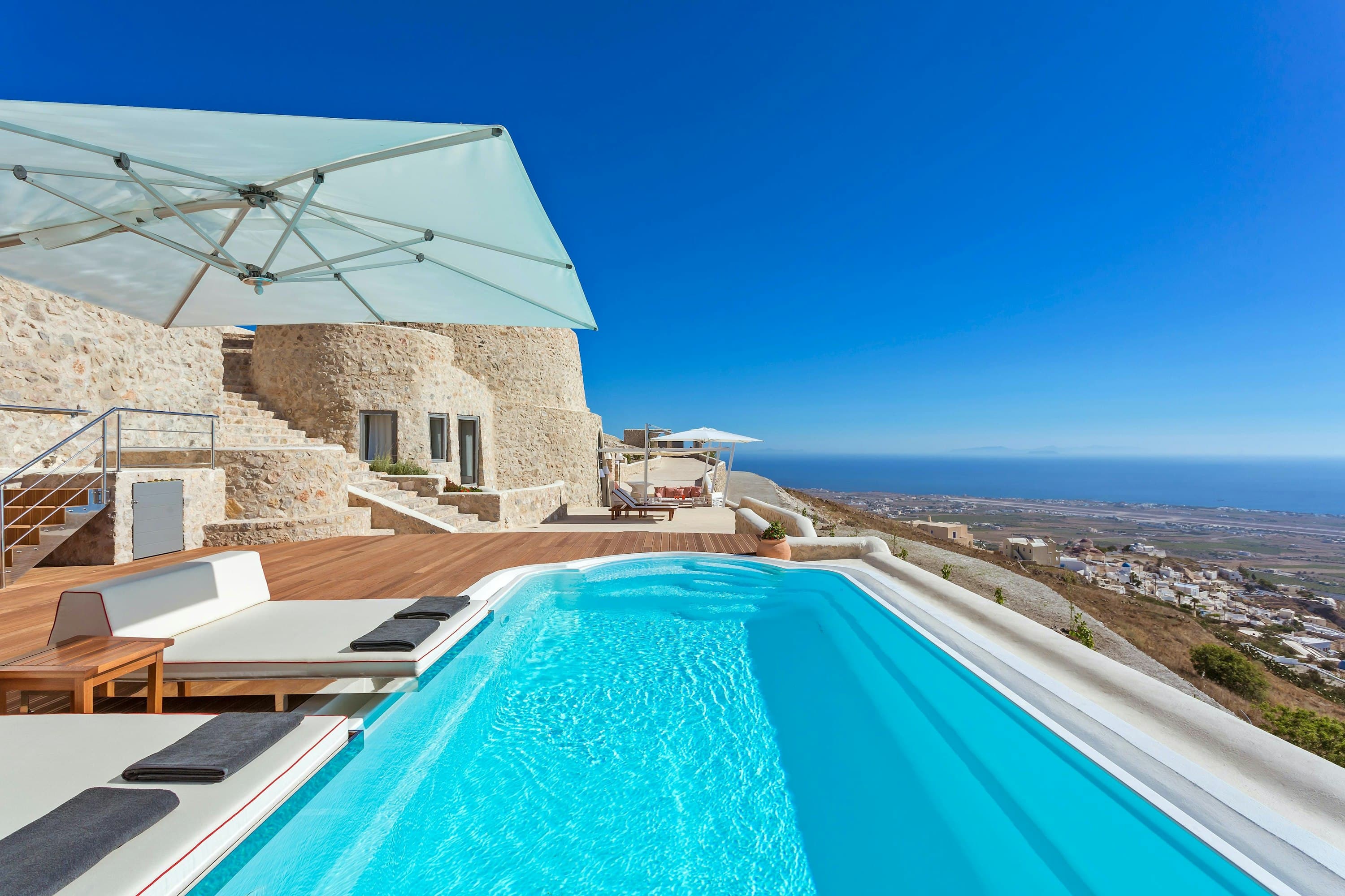 The Cycladic Rose infinity pool terrace with Aegean Sea views, Pyrgos, Cyclades Islands, Greece
