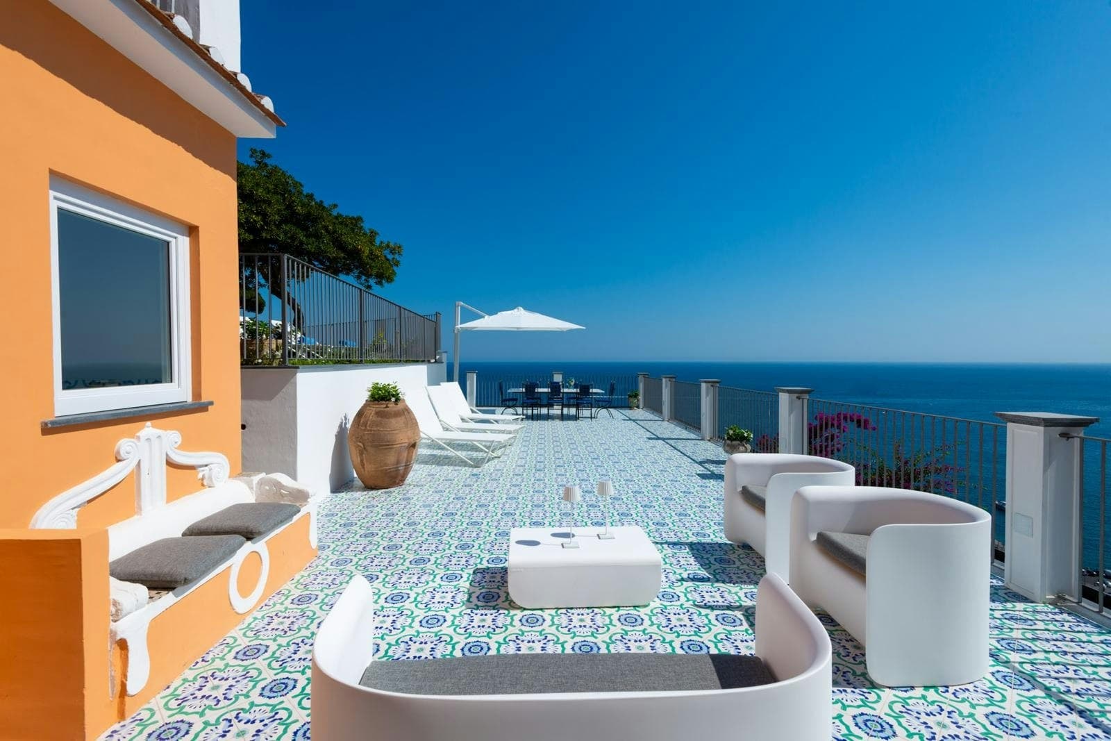 Riviera Vista Charm rooftop terrace with ocean views and Mediterranean tiles, Amalfi, Italy