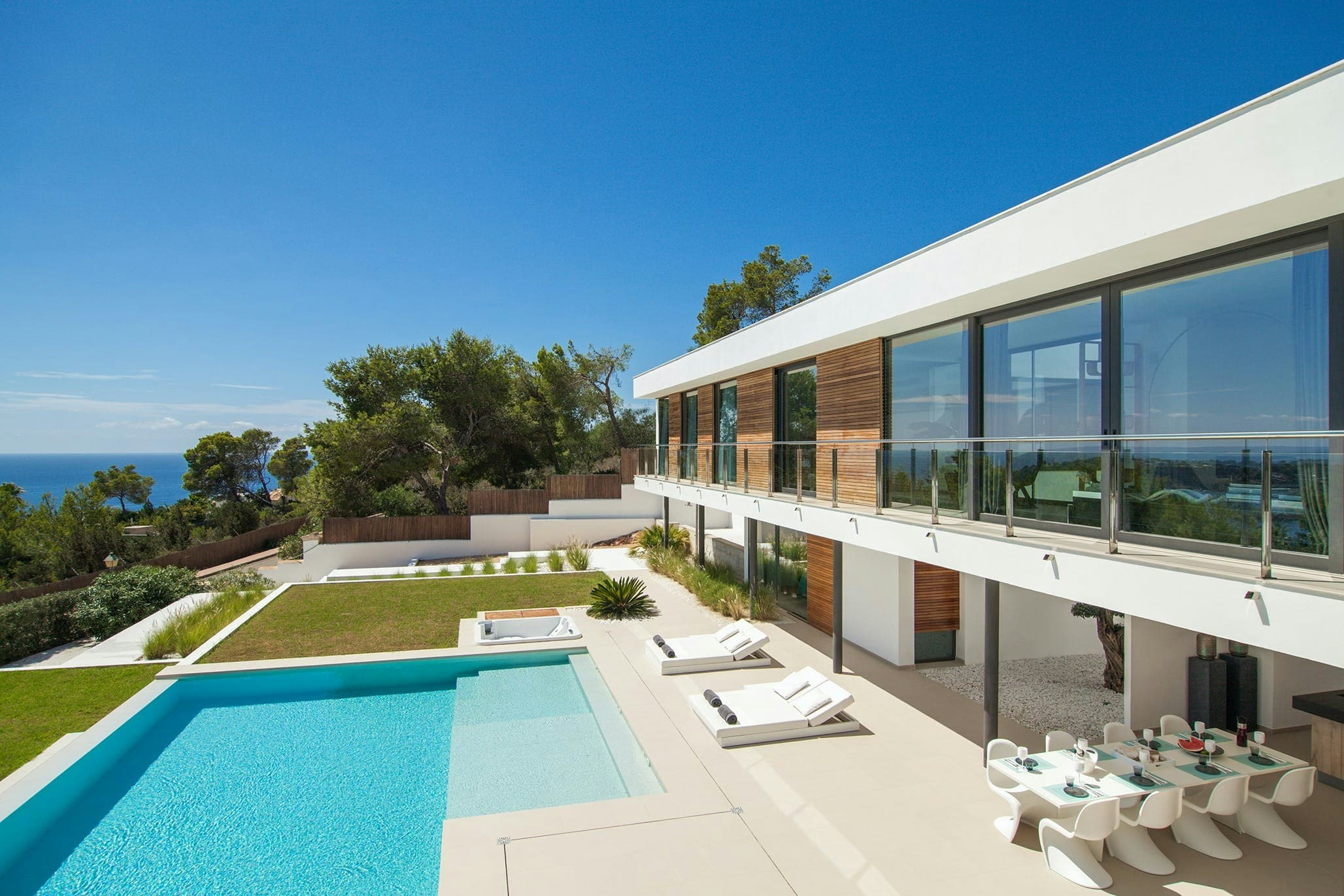 Waxing Crescent villa exterior with infinity pool, Sant Josep de sa Talaia, Ibiza, Spain